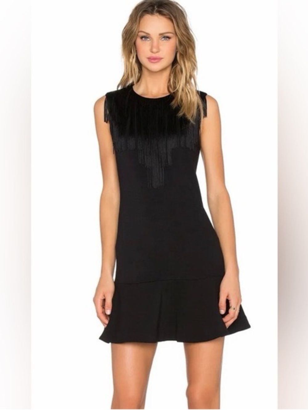 Black Fringe Sleeveless Drop-Waist Dress (XS)